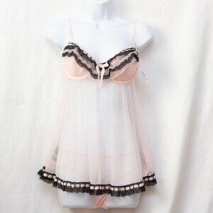 NWT Cassandra Intimates 2 Piece set Pink Mesh Babydoll Coquette Nightie  Size S